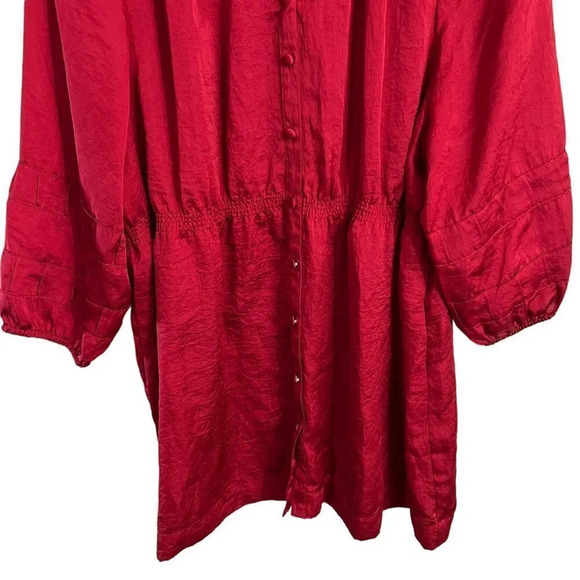 Lane Bryant Red Satin Blouse Size 14 16 Button Up Seersucker Waist 3/4 Sleeves - Picture 4 of 6